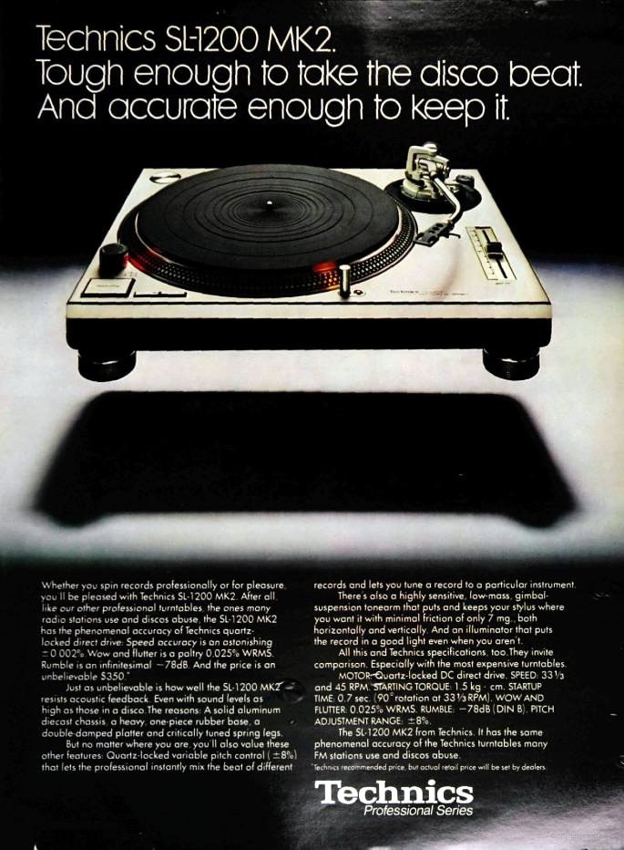 Historischer Werbeflyer für den Technics SL1200 MK2 Plattenspieler mit Produktabbildung und typografischen Gestaltungselementen.